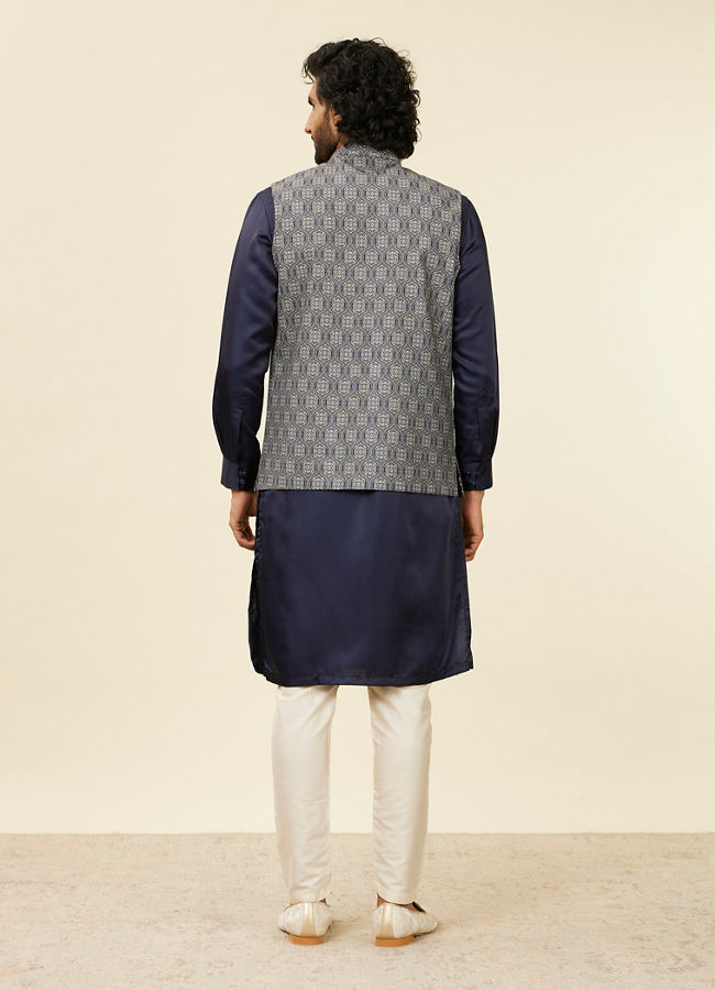 alt message - Manyavar Men Dark Blue Medallion Patterned Nehru Jacket image number 3